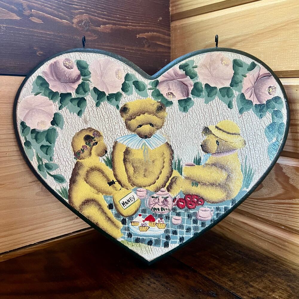 Vintage 90s Teddy Bear Heart Wall Plaque Picnic Scene Cottagecore Nursery Decor